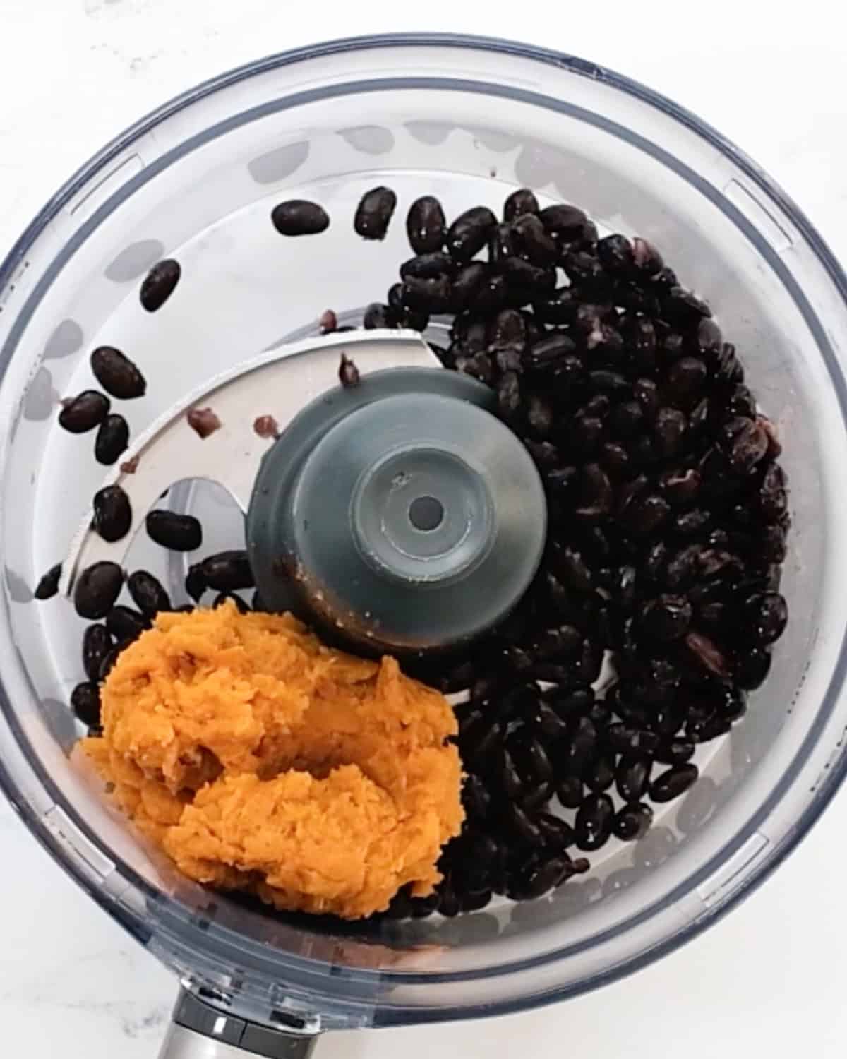 How to Make Sweet Potato Black Bean Burgers - sweet potato and black beans before processing in a food processor