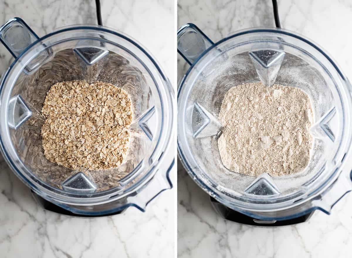 two photos showing how to make oat flour in a vitamix 