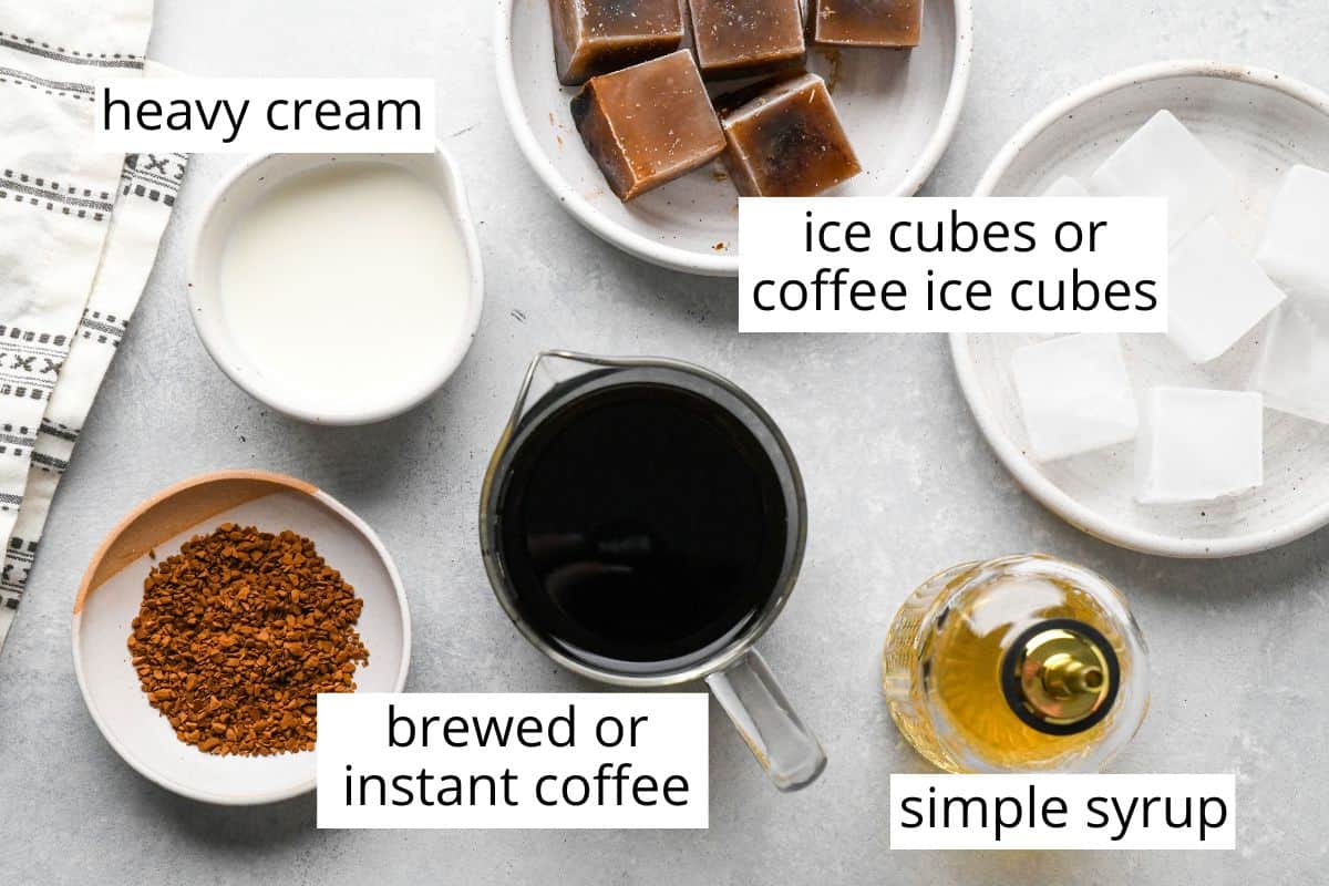 overhead photo of the labeled ingredients in this Iced Coffee Recipe