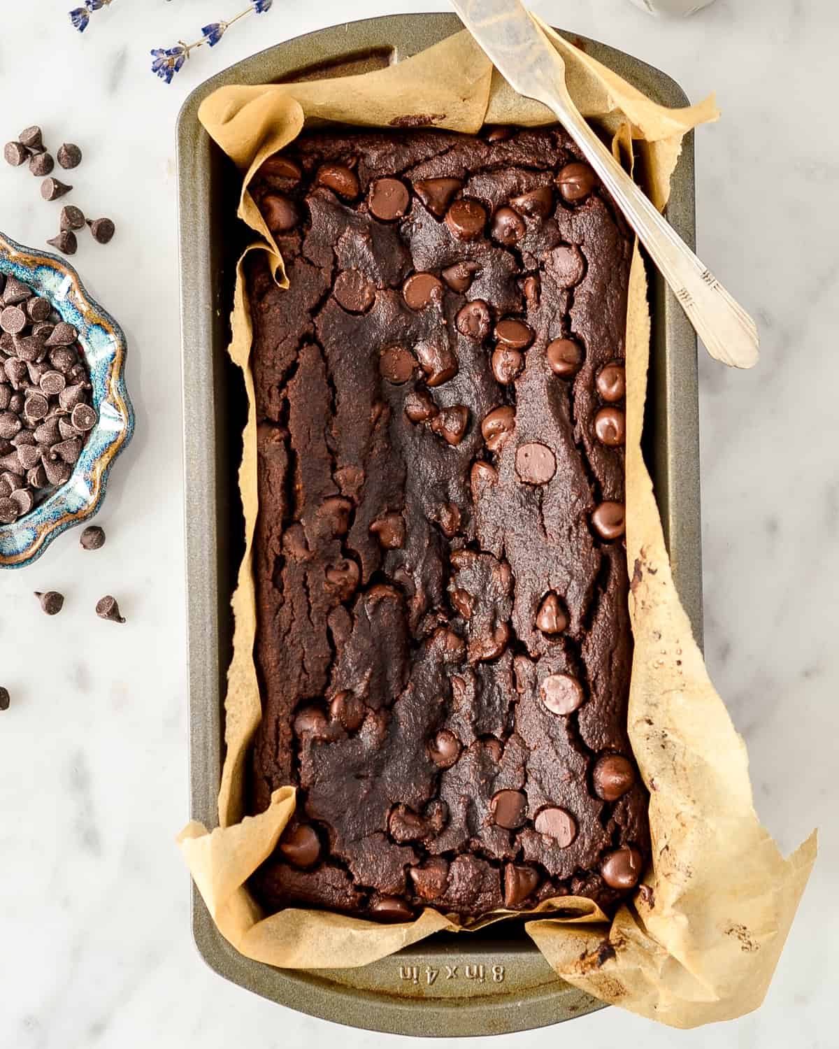 Paleo Chocolate Zucchini Bread in a loaf pan after baking