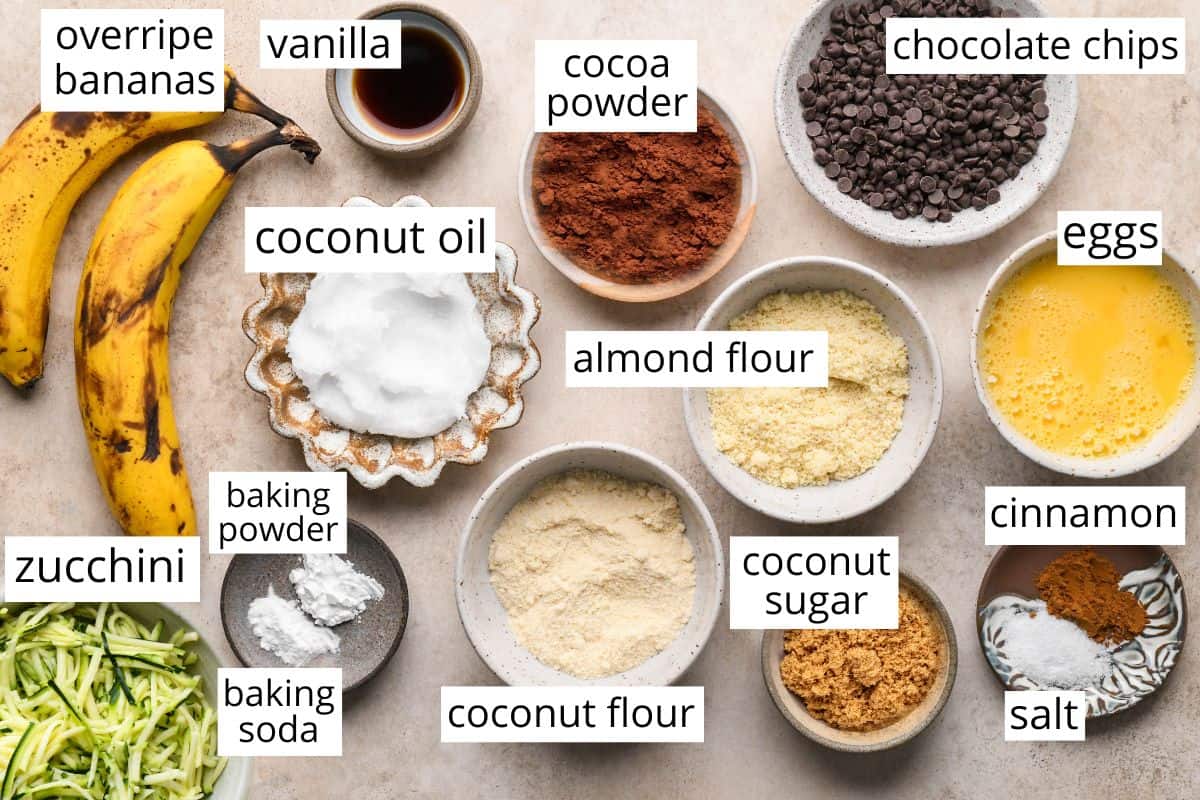 overhead photo of the labeled ingredients in this Paleo Chocolate Zucchini Bread recipe