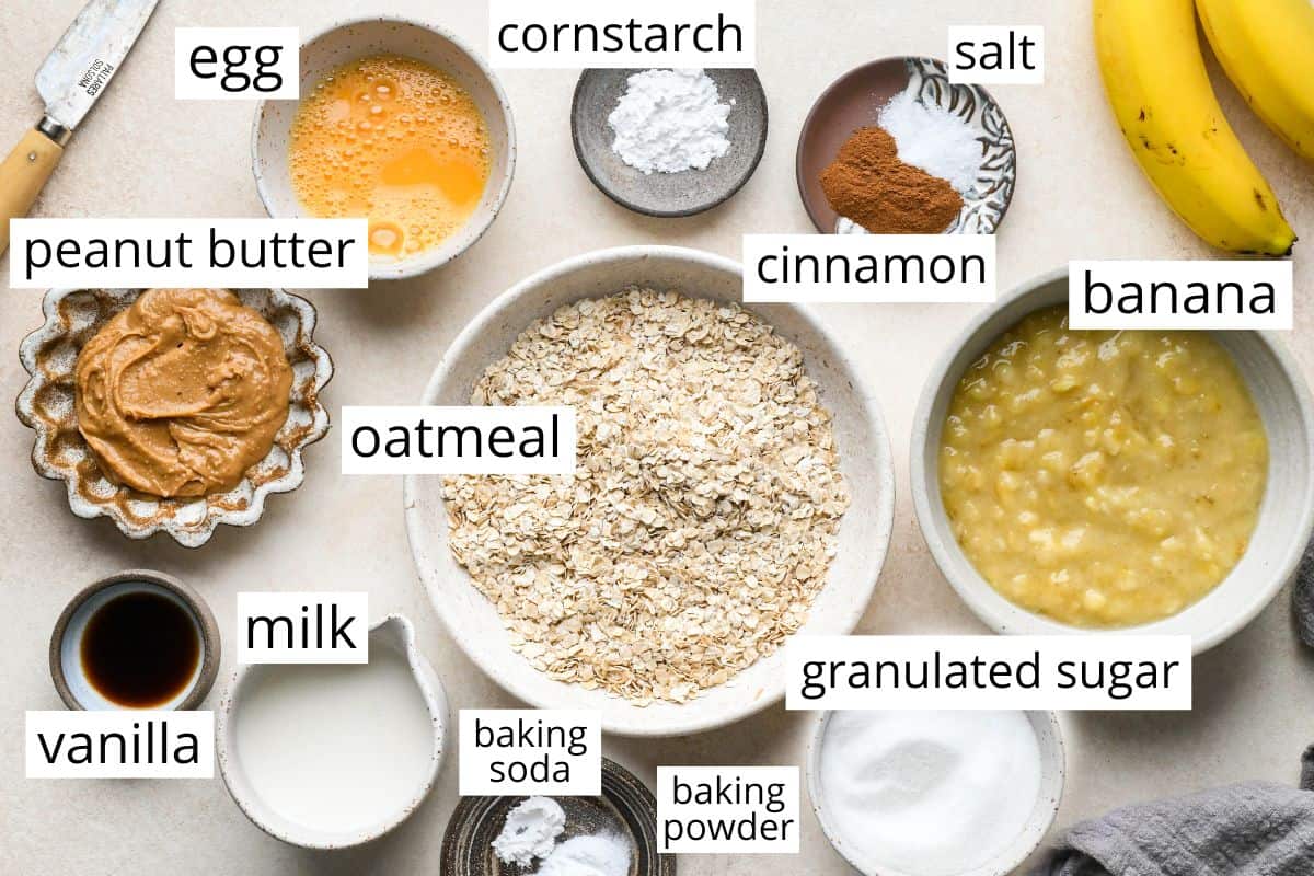 overhead photo of the labeled ingredients in this Peanut Butter Banana Oatmeal Waffles