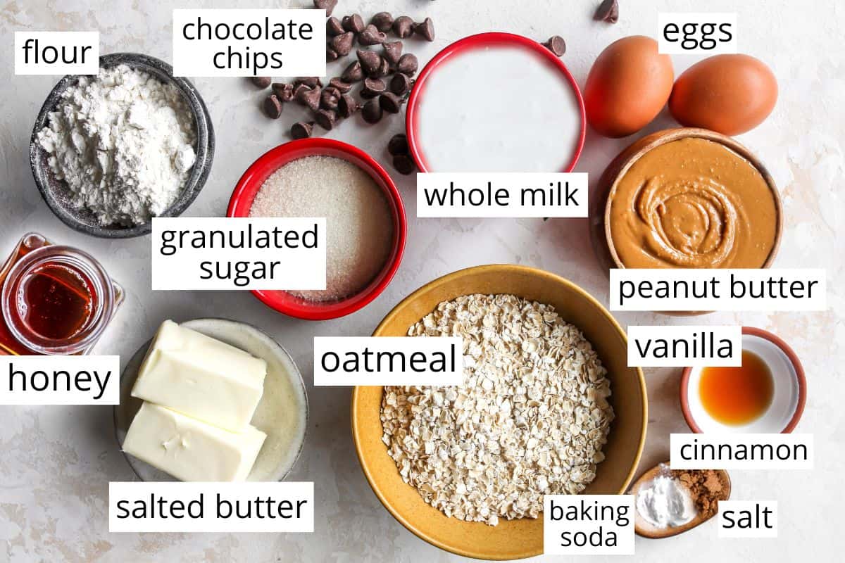 overhead photo of the labeled ingredients in this Skillet Peanut Butter Cookie recipe