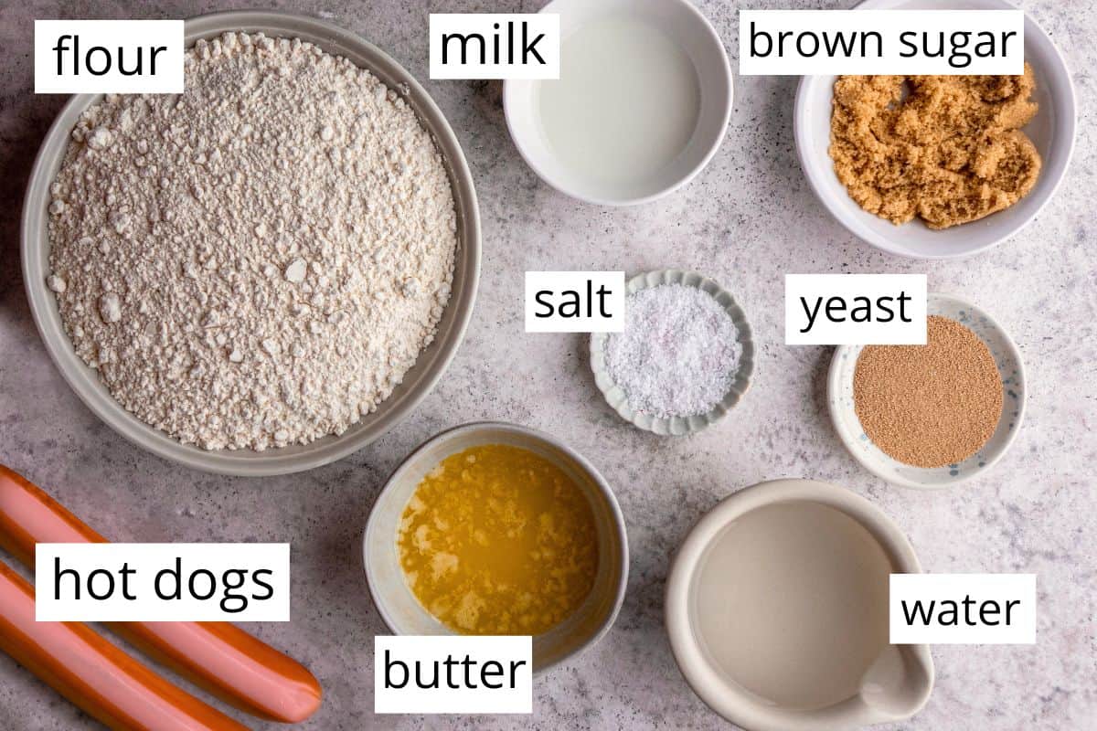 overhead photo of the labeled ingredients in this Pretzel Dogs Recipe