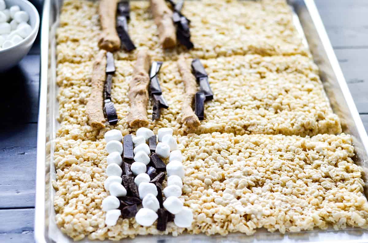 how to make Rice Crispy Dessert Sushi - fillings added to the rice crispy sushi before rolling