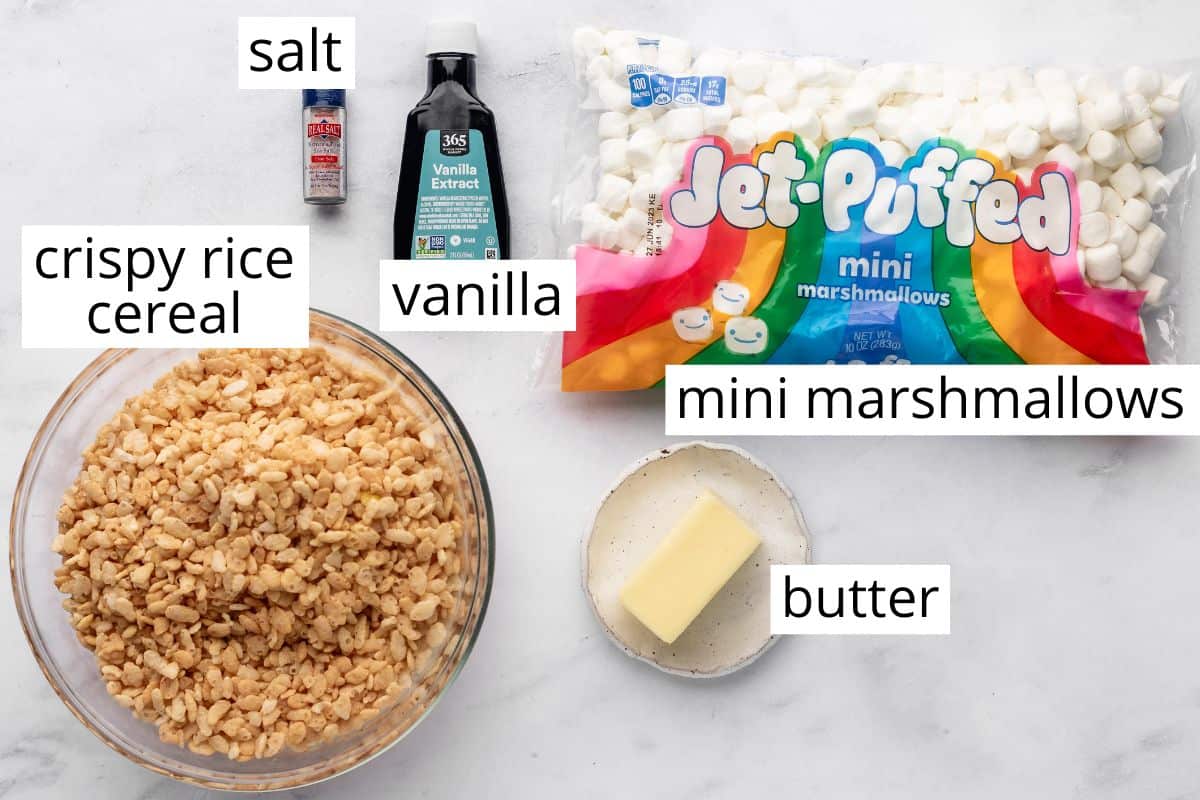 overhead photo of the labeled ingredients in this Rice Crispy Dessert Sushi recipe