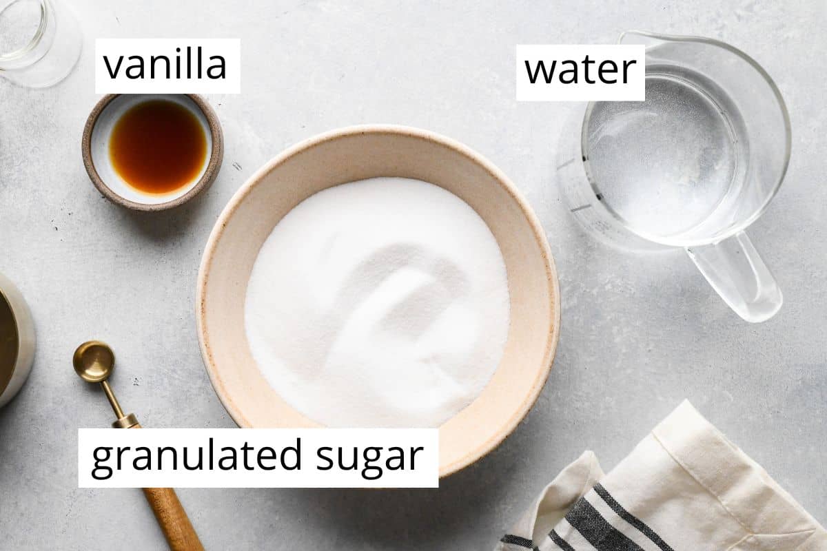 overhead photo of the labeled ingredients in this Simple Syrup Recipe