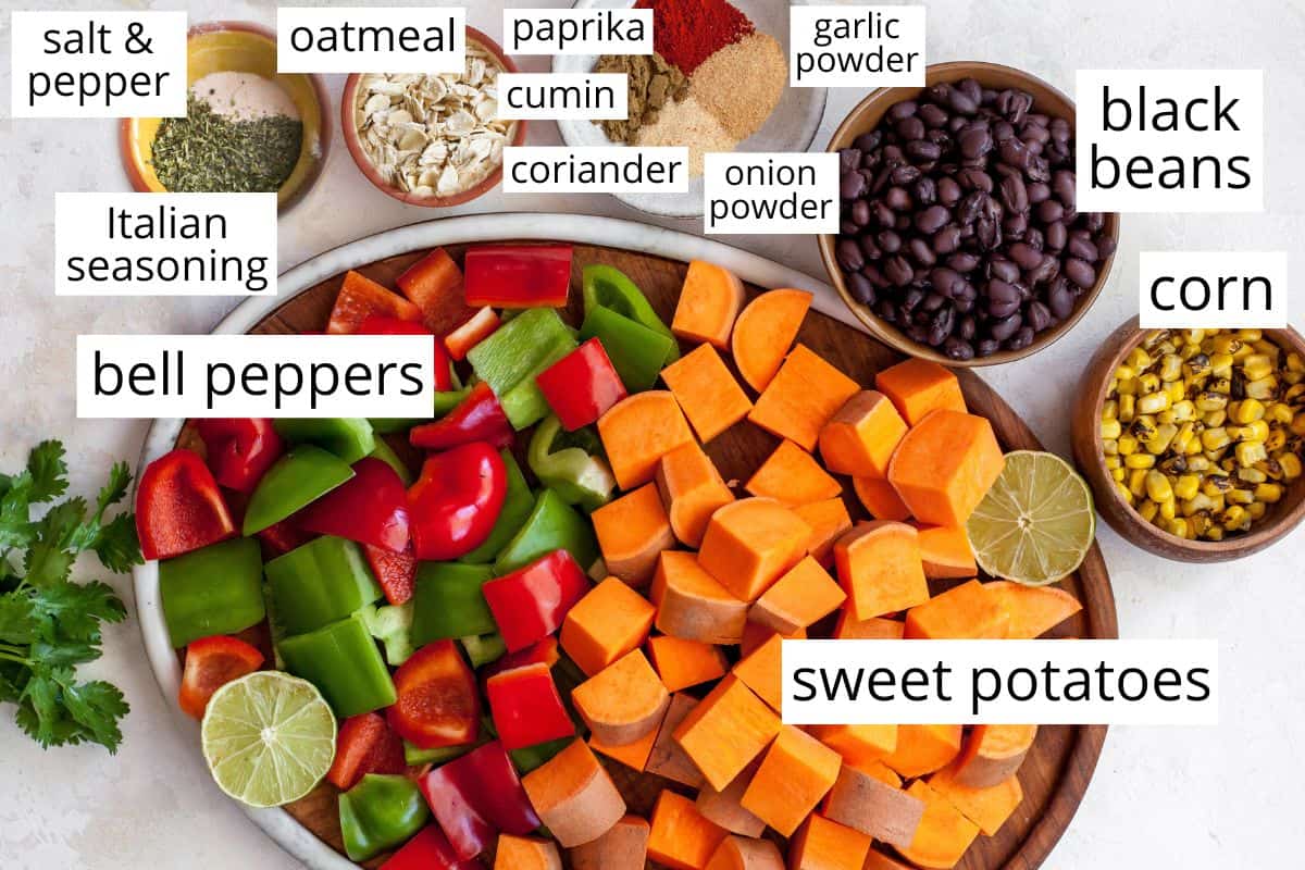 overhead photo of the labeled ingredients in this sweet potato black bean burger recipe