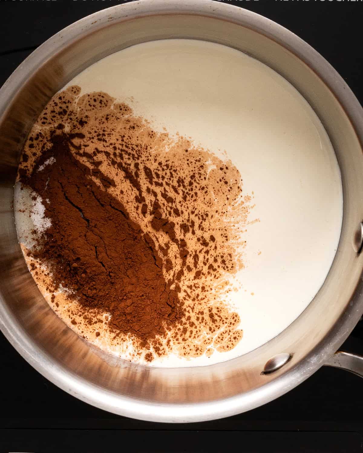 making Vegan Chocolate Fondue - ingredients in a saucepan before whisking