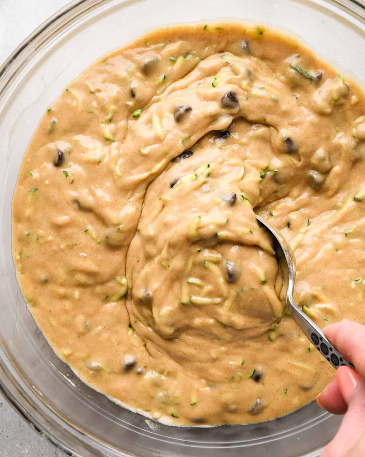 how to make Chocolate Chip Zucchini Bread - batter after mixing in chocolate chips and zucchini