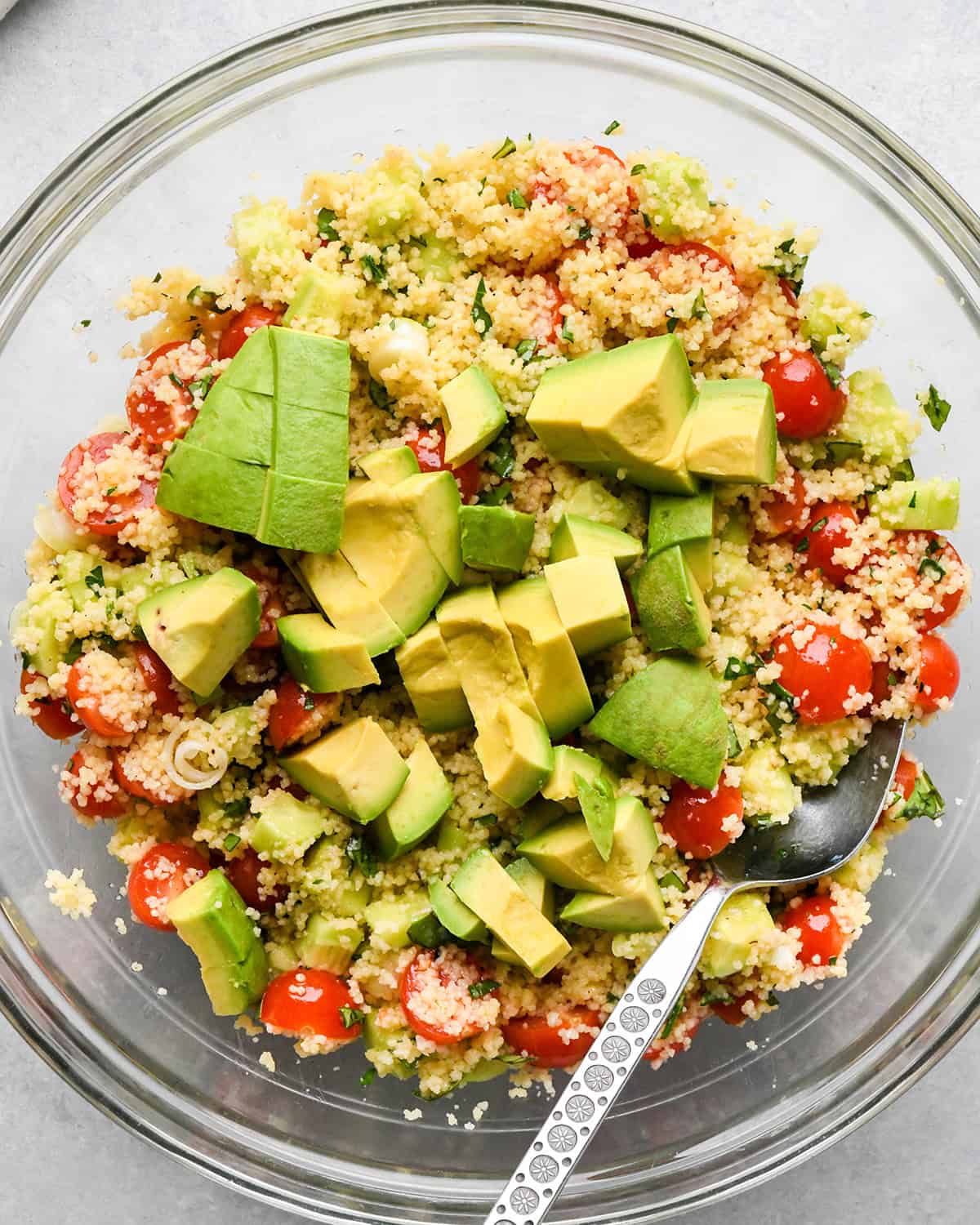 avocado added to Couscous Salad before stirring