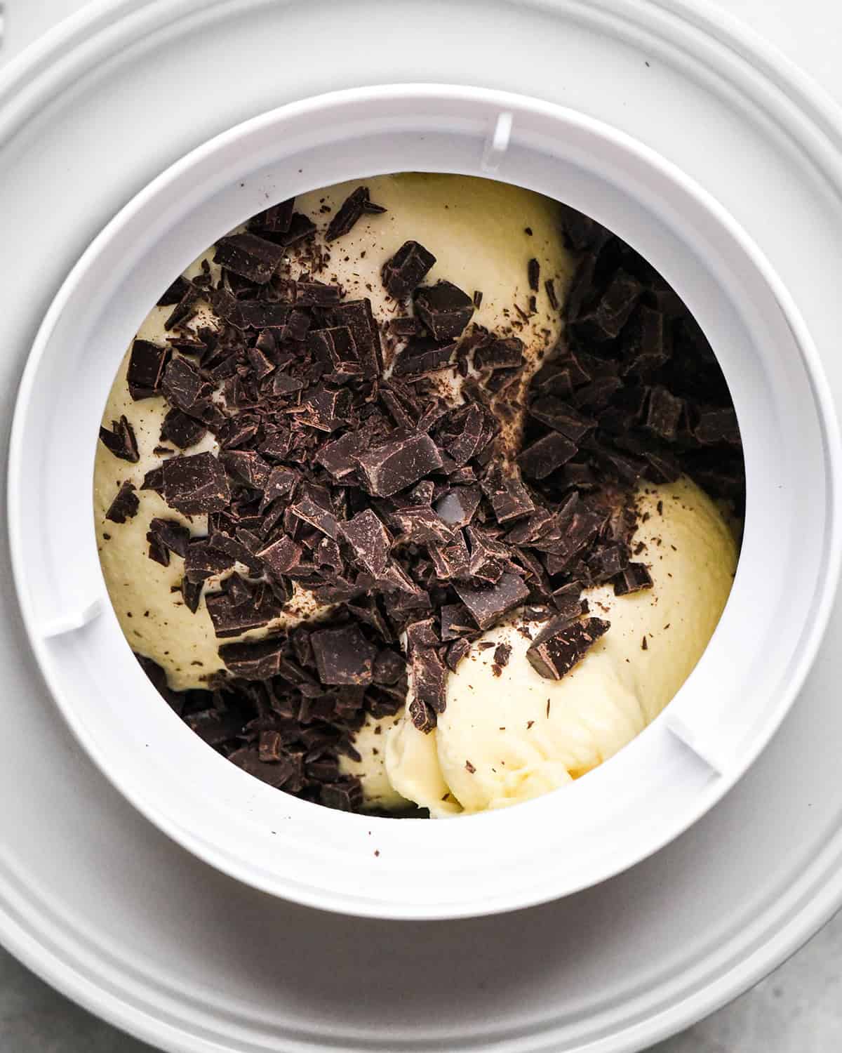 making Mint Chocolate Chip Ice Cream - adding chopped chocolate