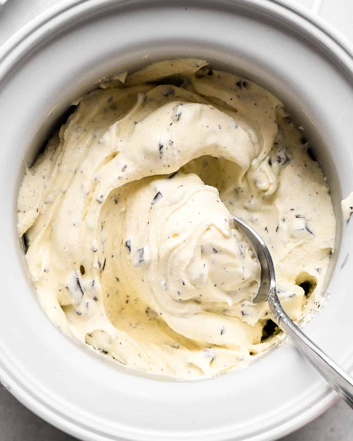 Mint Chocolate Chip Ice Cream after chocolate has been stirring in
