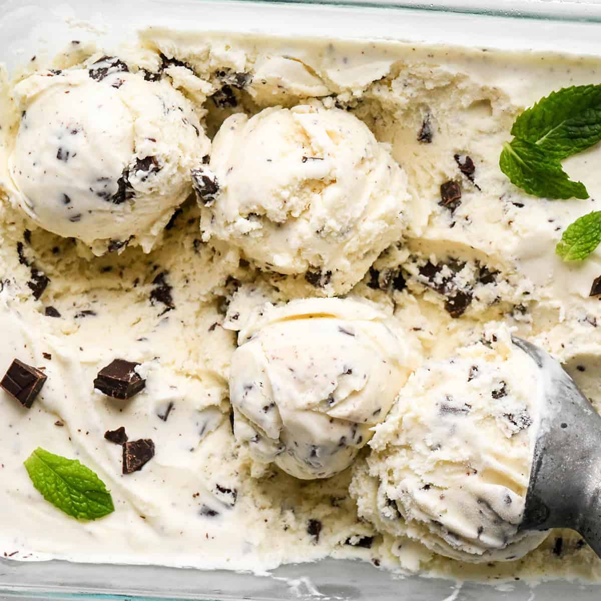4 scoops of Mint Chocolate Chip Ice Cream in a glass container with fresh mint