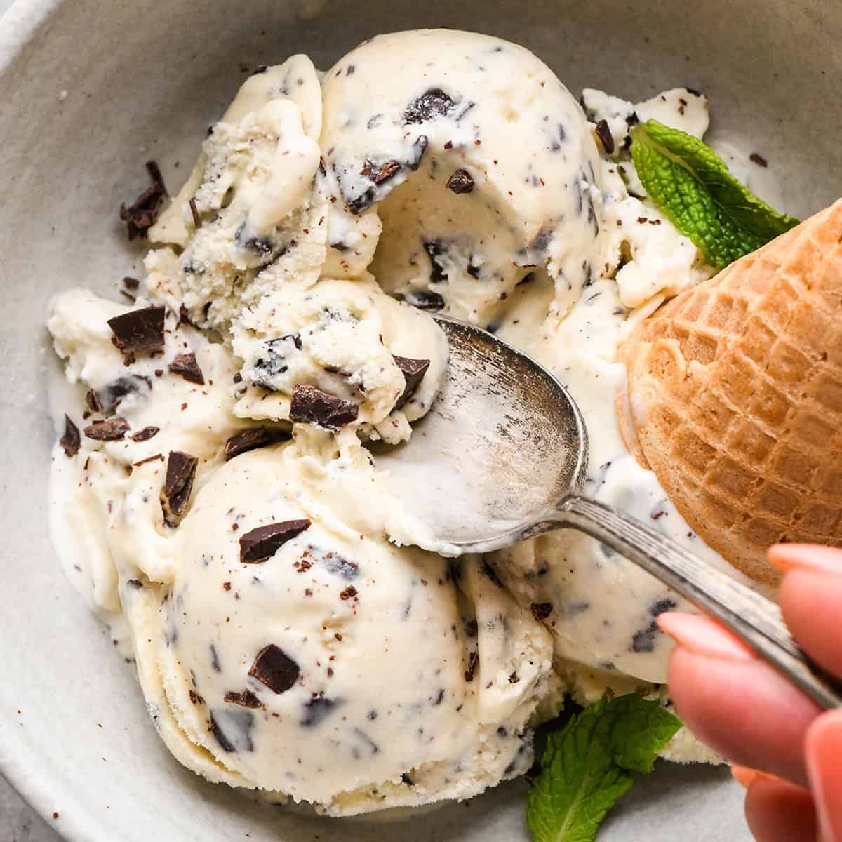 a spoon taking a bite of Mint Chocolate Chip Ice Cream in a bowl