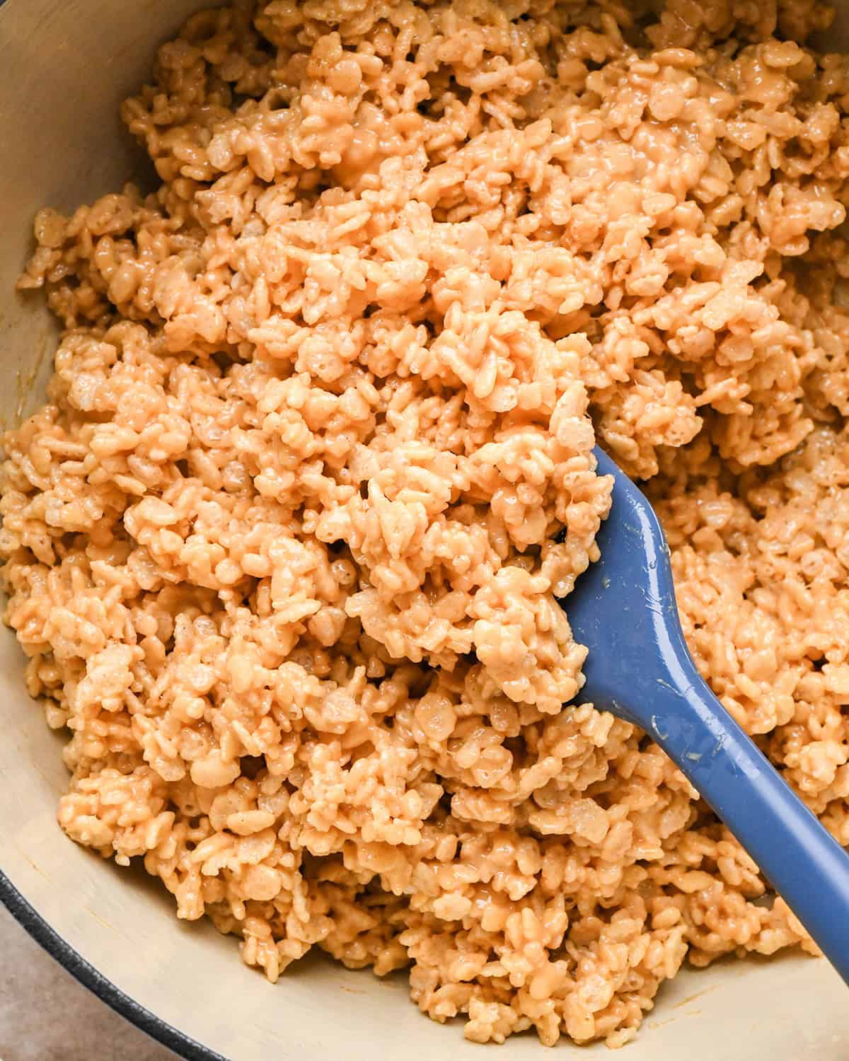 Peanut Butter Rice Crispy Treats mixture in a pot