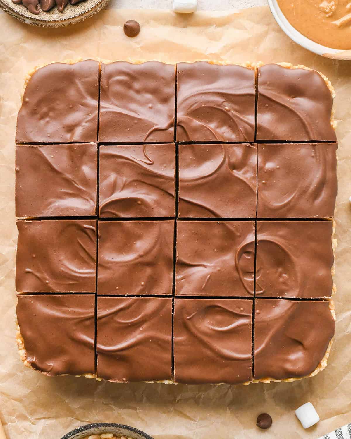 Peanut Butter Rice Crispy Treats cut into 16 squares
