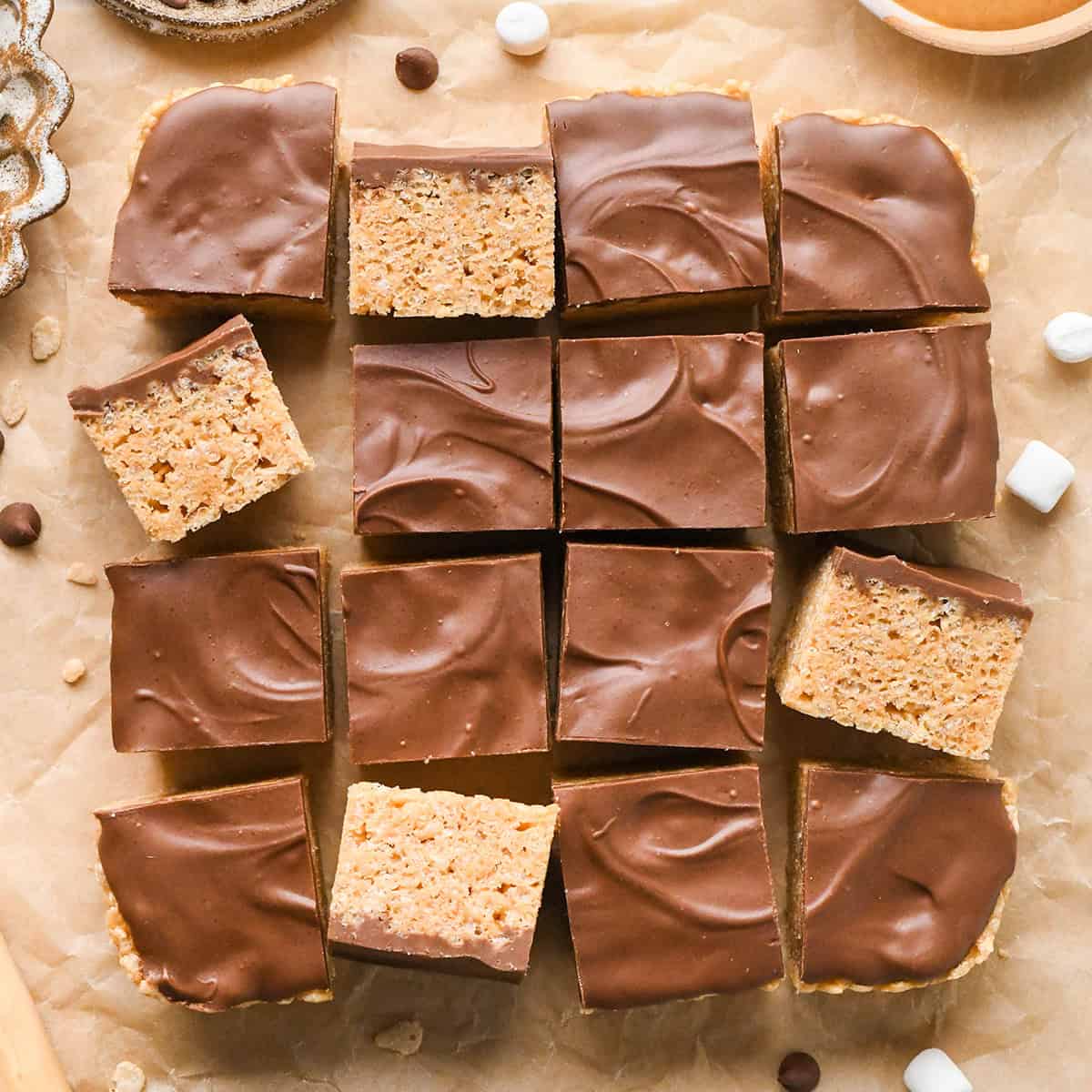 16 Peanut Butter Rice Crispy Treats cut into squares
