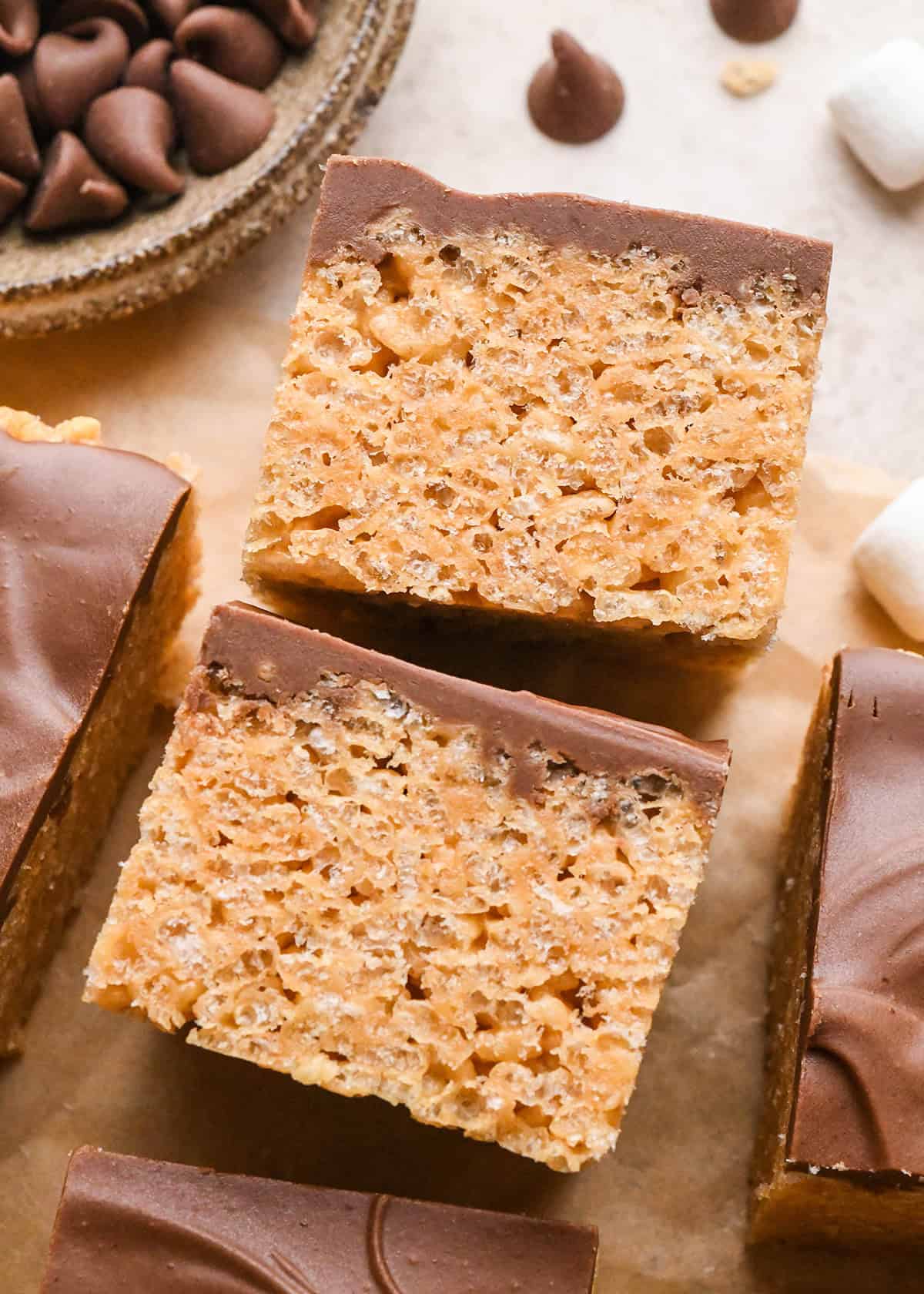 two Peanut Butter Rice Crispy Treats on their side 