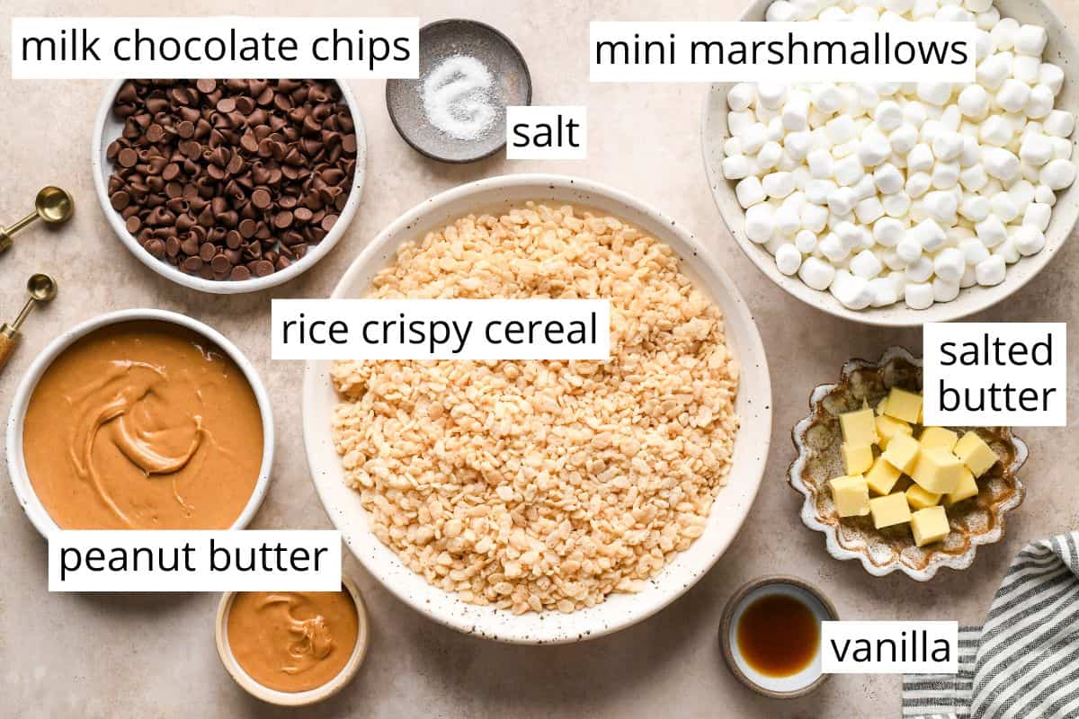 overhead photo of the labeled ingredients in this Peanut Butter Rice Crispy Treats recipe