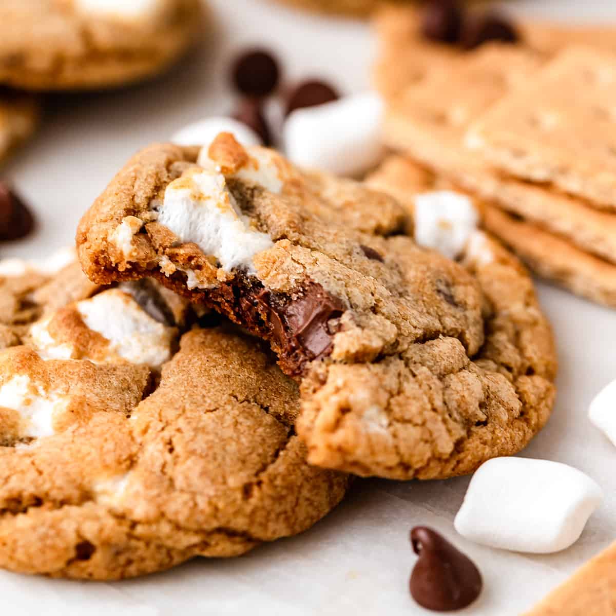 two S'mores Cookies, one with a bite taken out of it