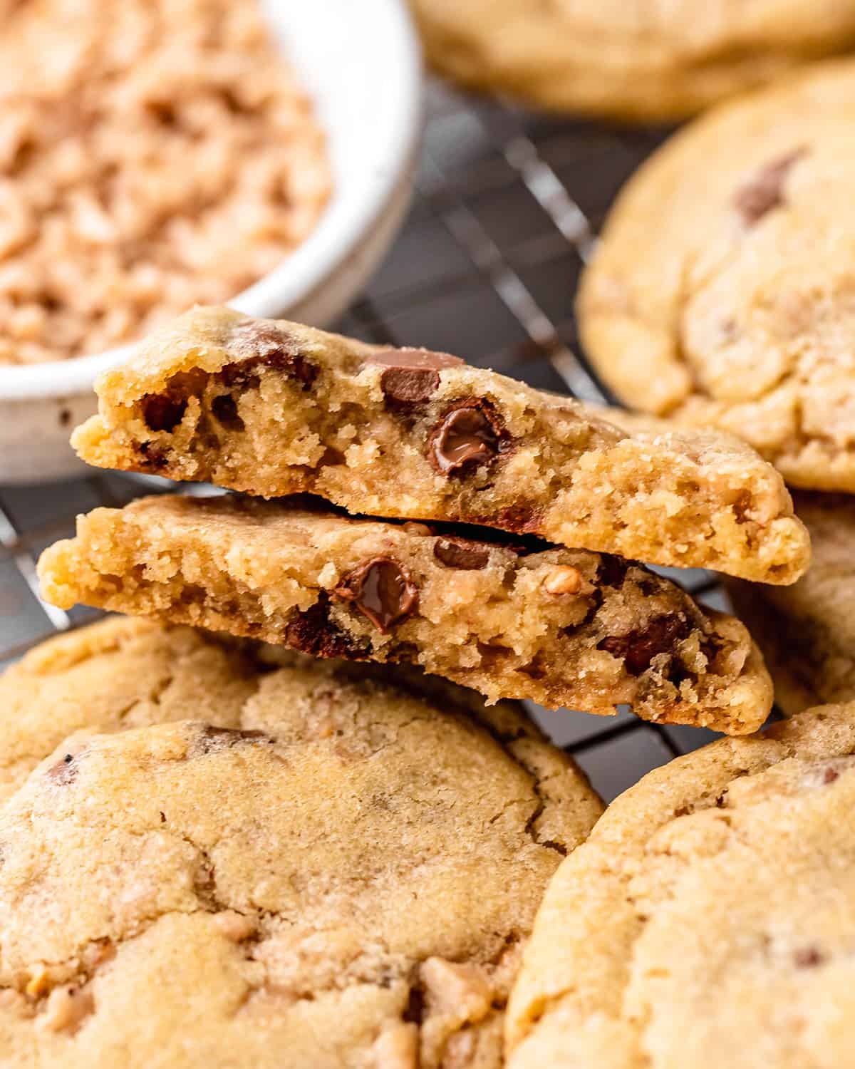 a Toffee Cookie cut in half with the inside showing