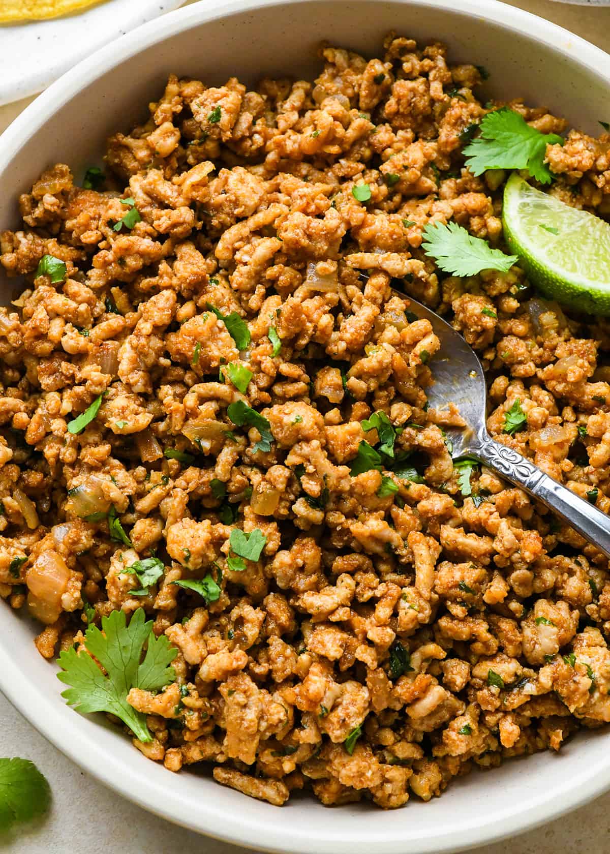 Ground Chicken Tacos meat in a bowl with a spoon