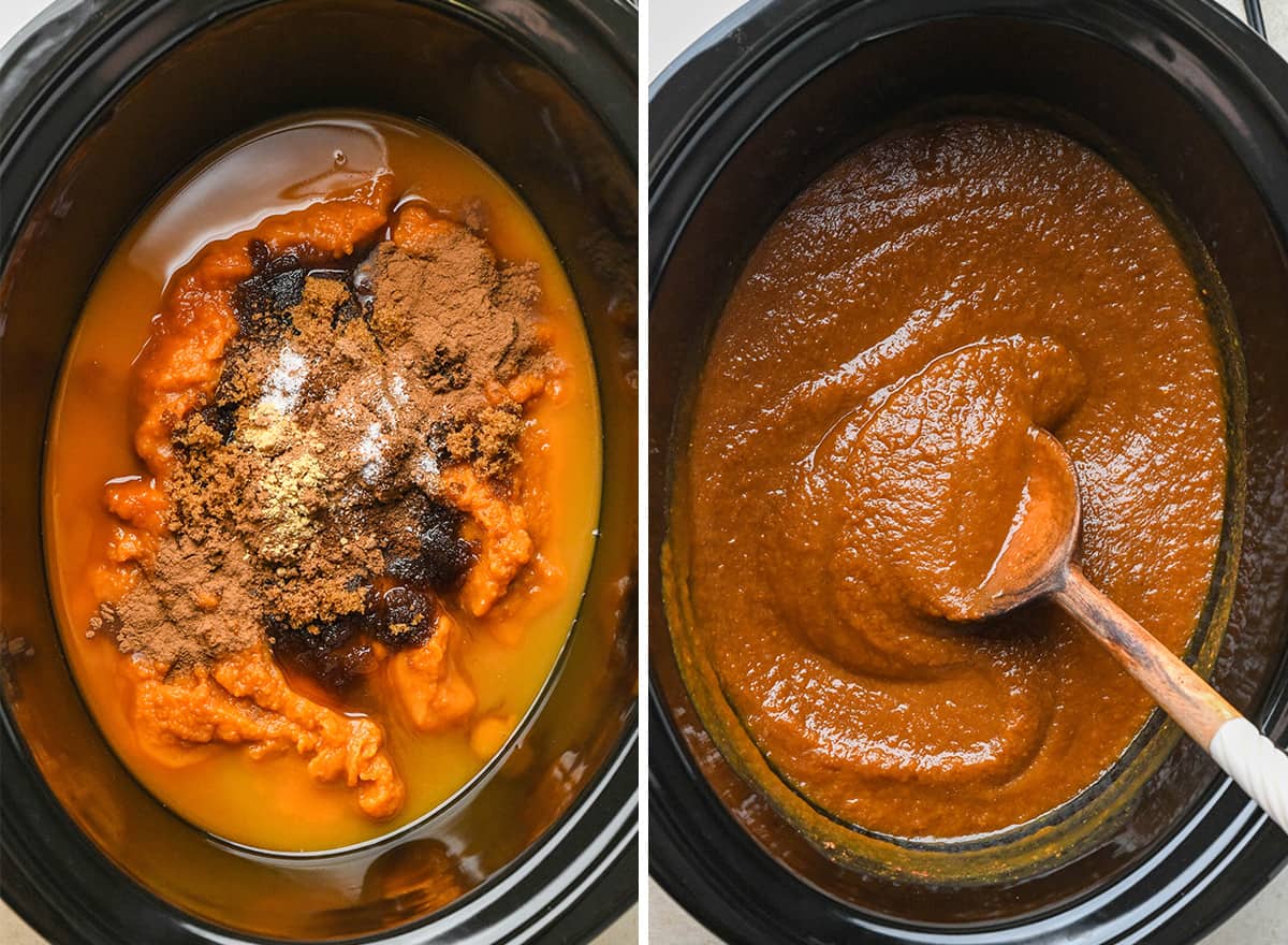 two photos showing how to make Pumpkin Butter in a crockpot