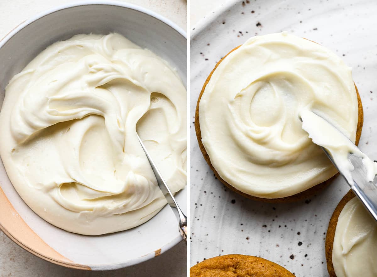 two photos showing frosting the pumpkin cookies with cream cheese frosting