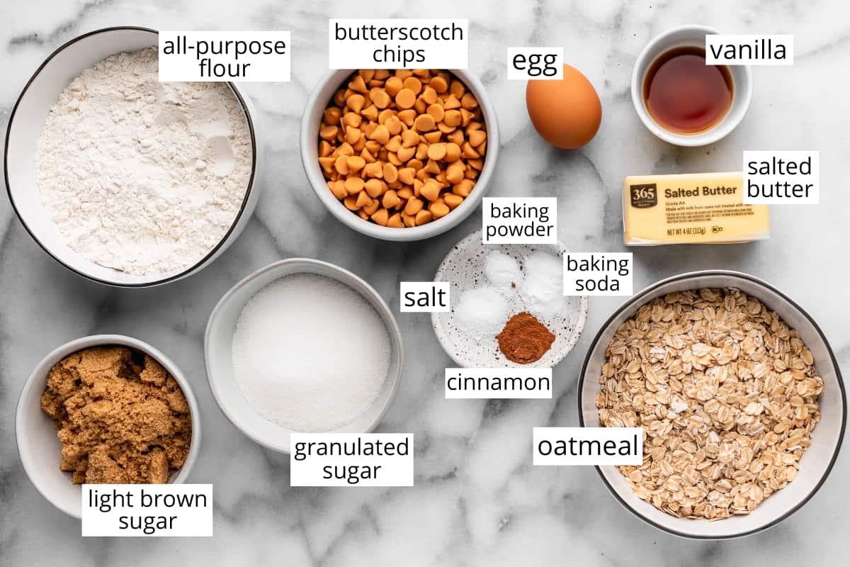 overhead photo of the labeled ingredients in this Oatmeal scotchies recipe