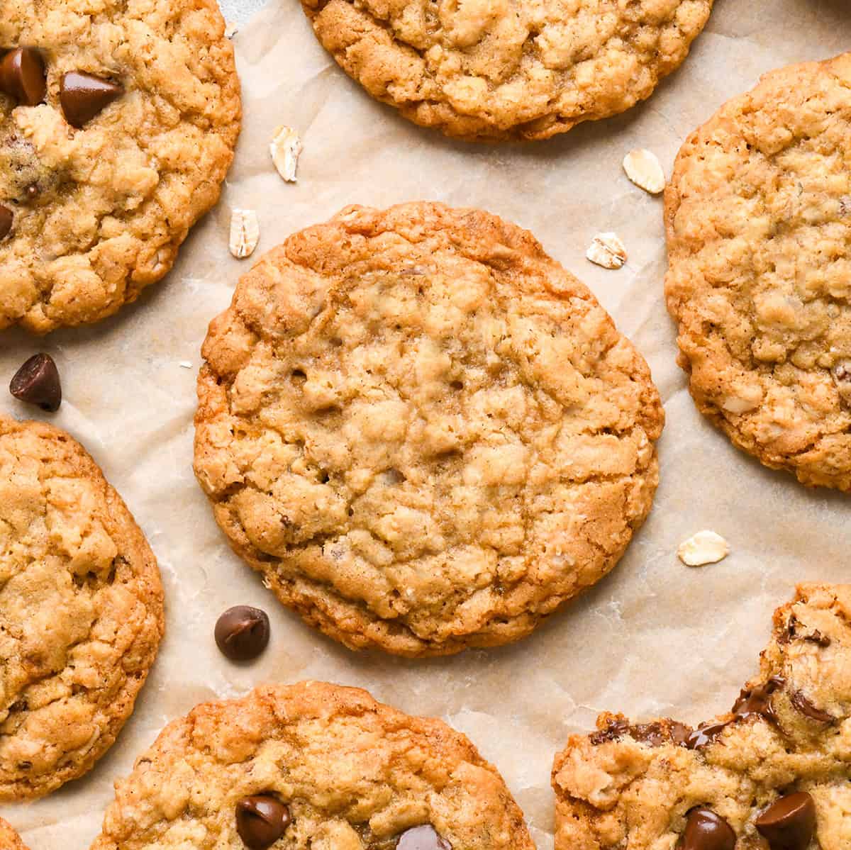 The BEST Oatmeal Cookie Recipe - crispy edges with soft and chewy centers, these oatmeal cookies are easy to make and out-of-this-world delicious. Add your favorite mix-ins for an extra special twist! #oatmealcookies #cookies #baking 7 oatmeal cookies on parchment paper, 3 without chocolate chips 3 with chocolate chips, surrounded by oats and chocolate chips.