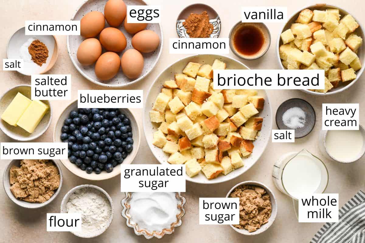 overhead photo of the labeled ingredients in this Blueberry French Toast Casserole recipe