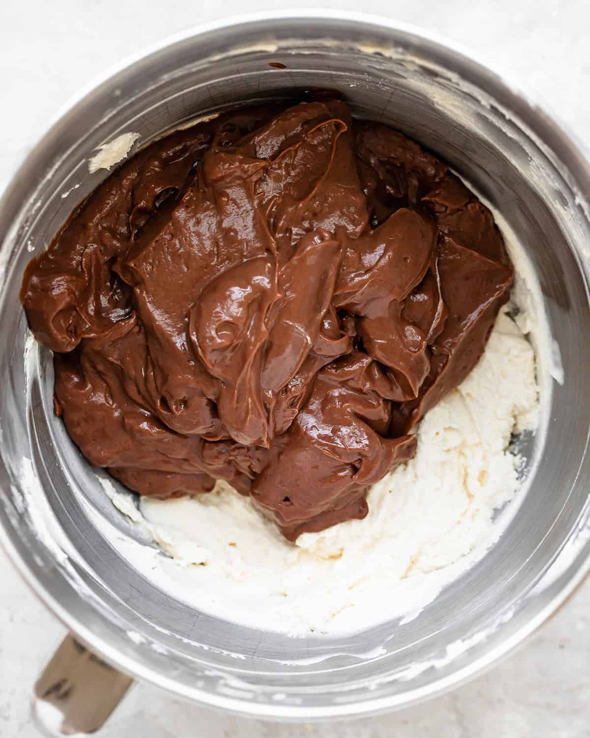 How to Make Dirt Cups - adding thickened chocolate pudding to cream cheese mixture