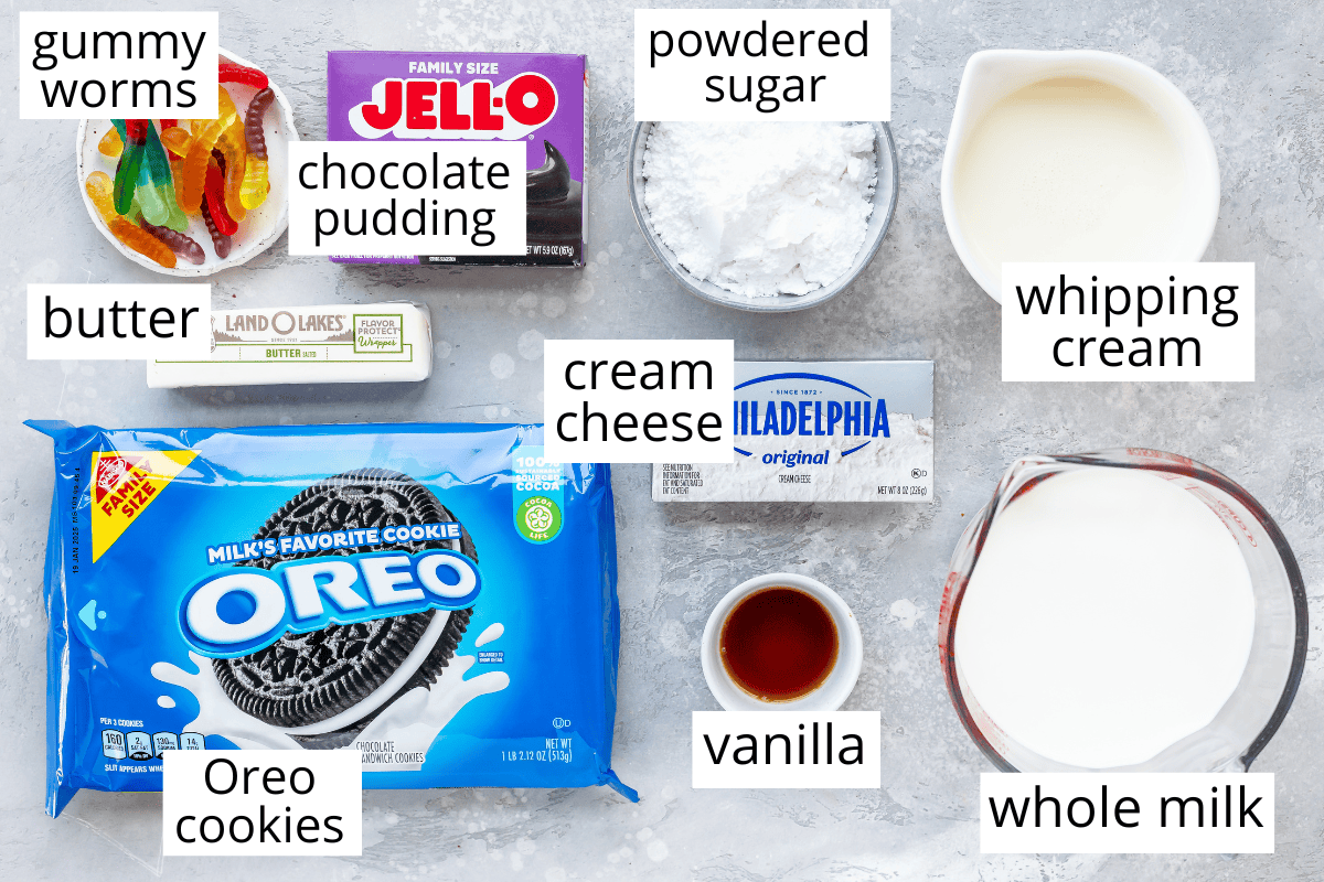 overhead photo of the labeled ingredients in this Dirt Cups recipe