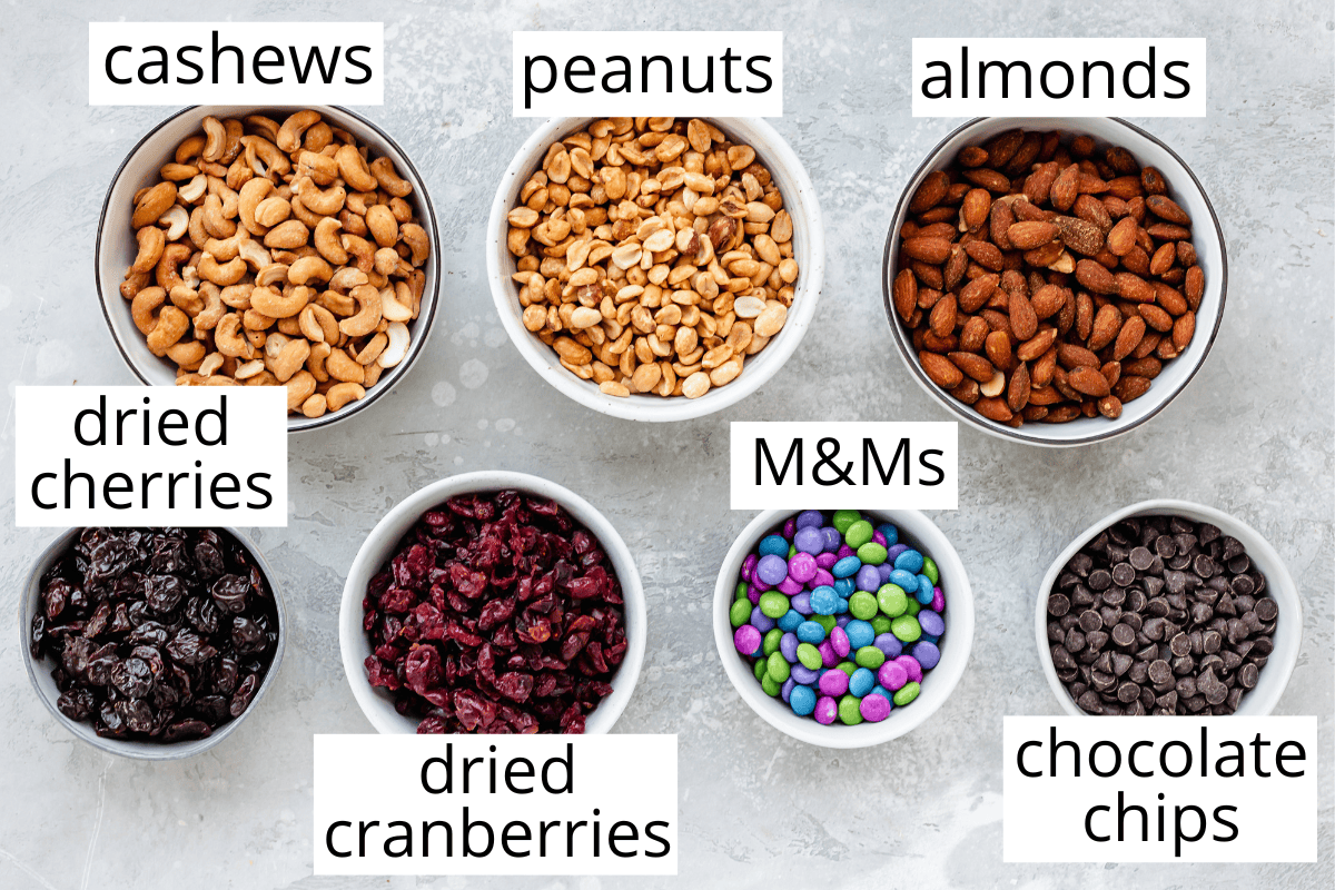 overhead photo of the labeled ingredients in this Homemade Trail Mix Recipe