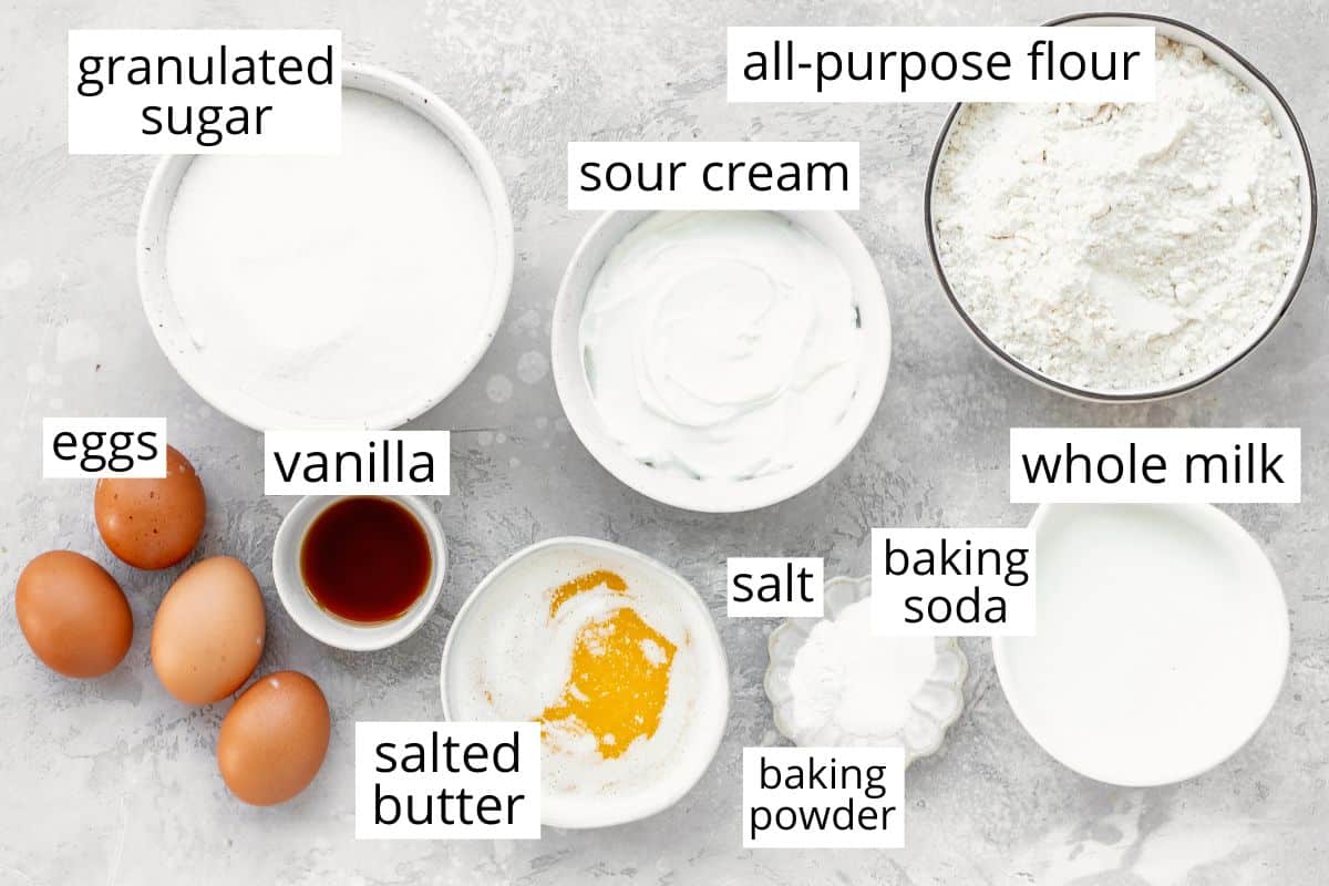 overhead photo of the ingredients in this Vanilla Sheet Cake recipe
