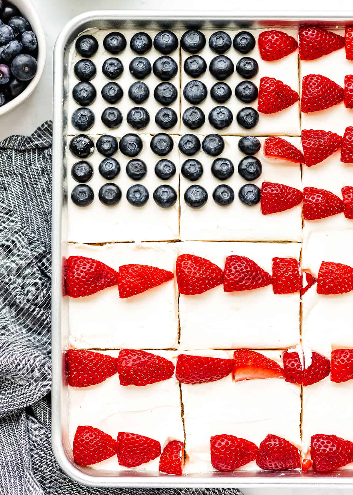 American Flag Cake cut into squares 