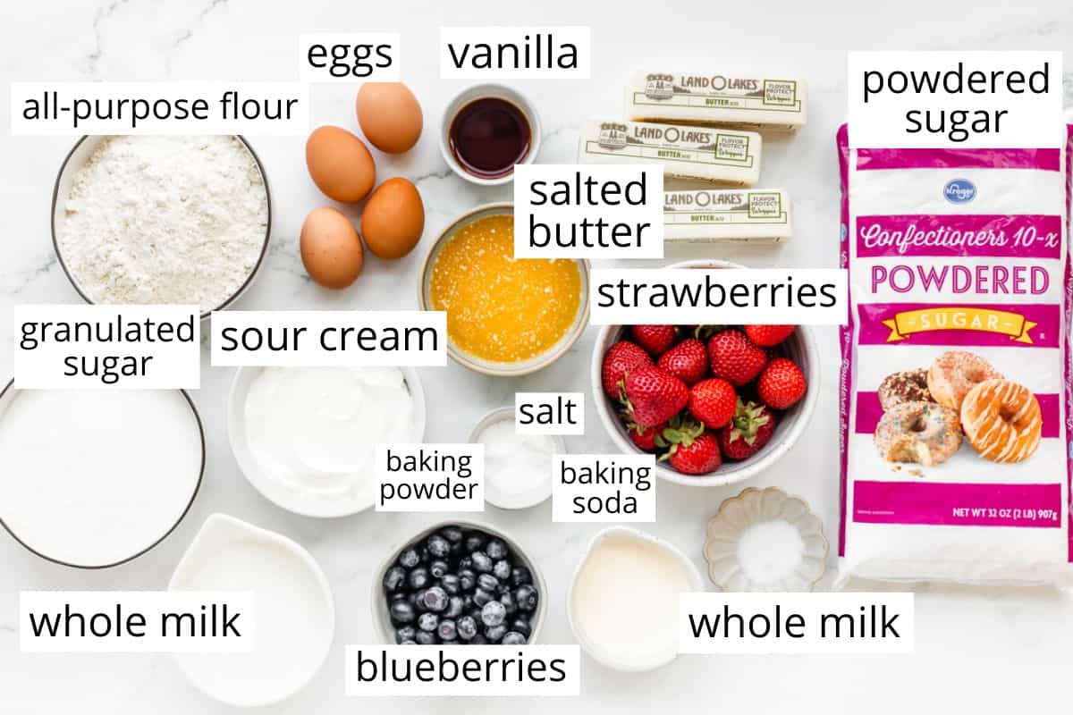 overhead photo of the labeled ingredients in this American Flag Cake recipe