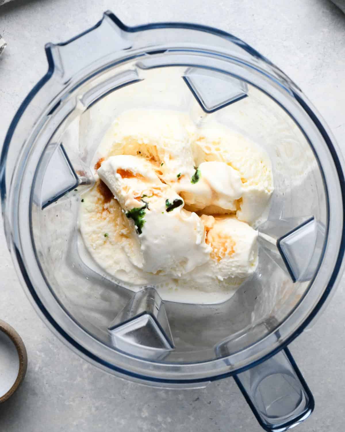 making a shamrock shake - all the ingredients in a blending container before blending