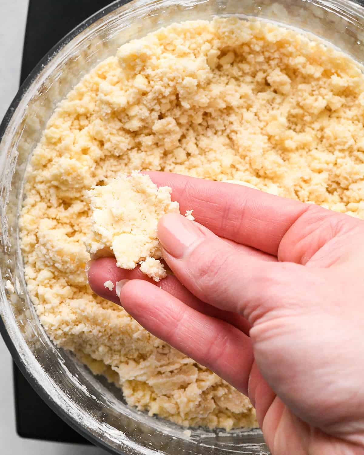homemade pie dough ingredients in a food processor after processing