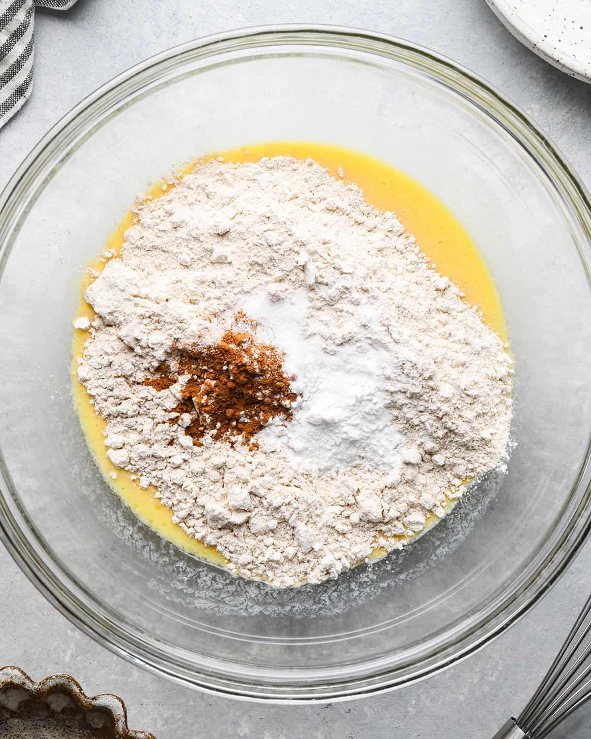 How to Make Oat Flour Pancakes - dry ingredients added to wet ingredients before mixing