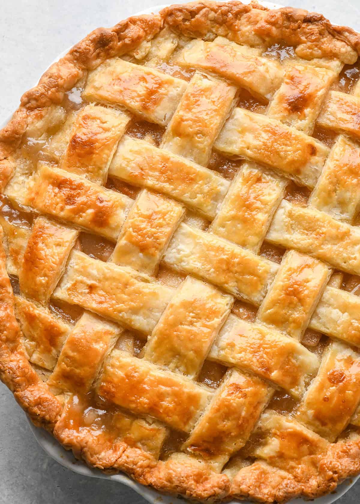 Pear Pie with a lattice crust in a dish after baking 