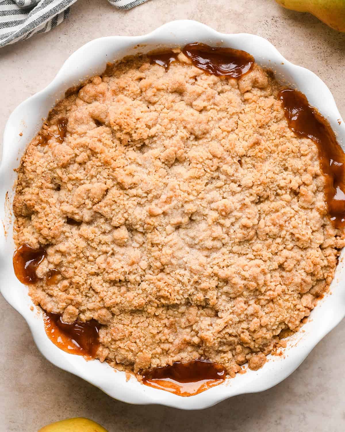 baked Pear Crumble in a pie dish 