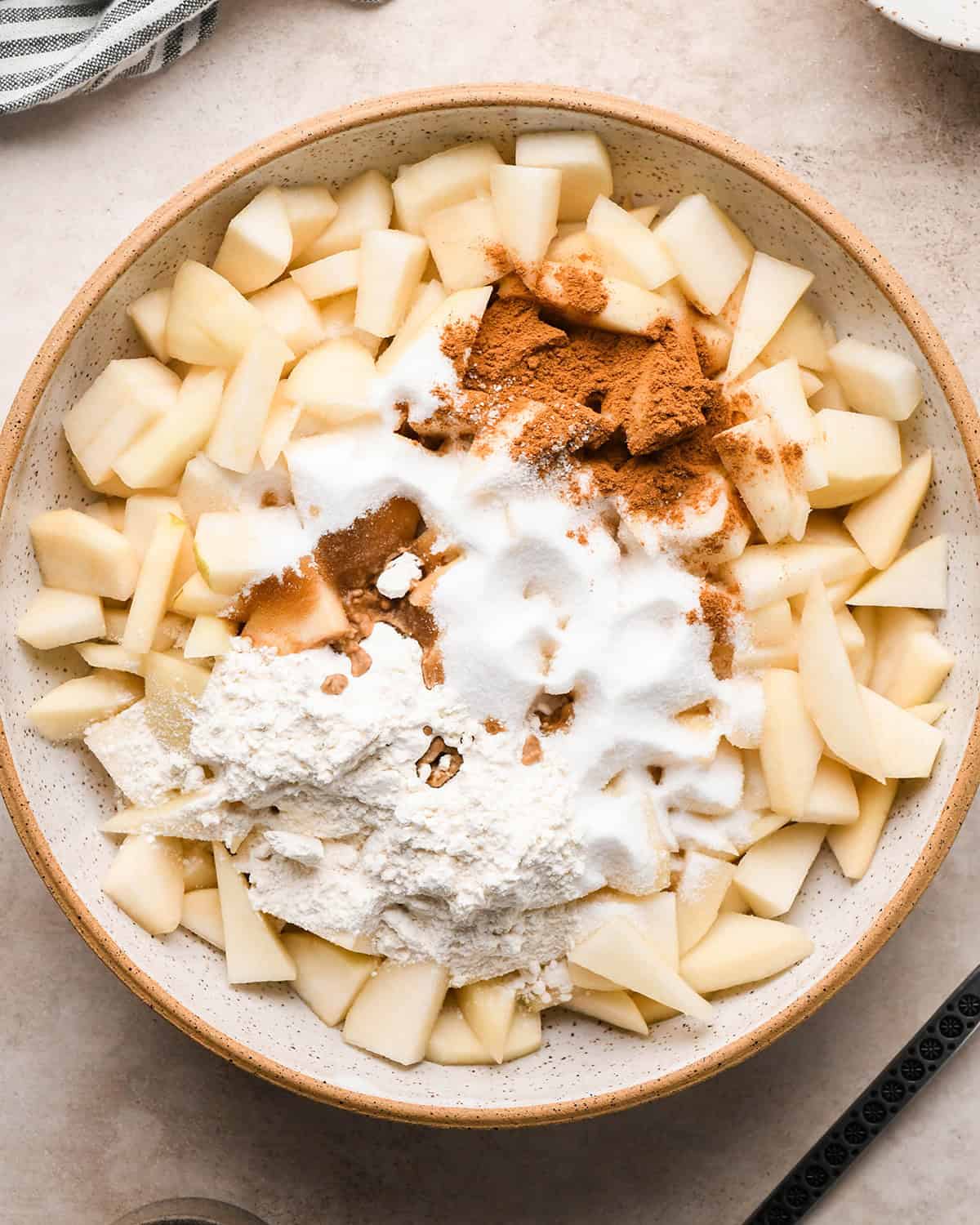 making Pear Crumble filling - ingredients in a bowl before stirring