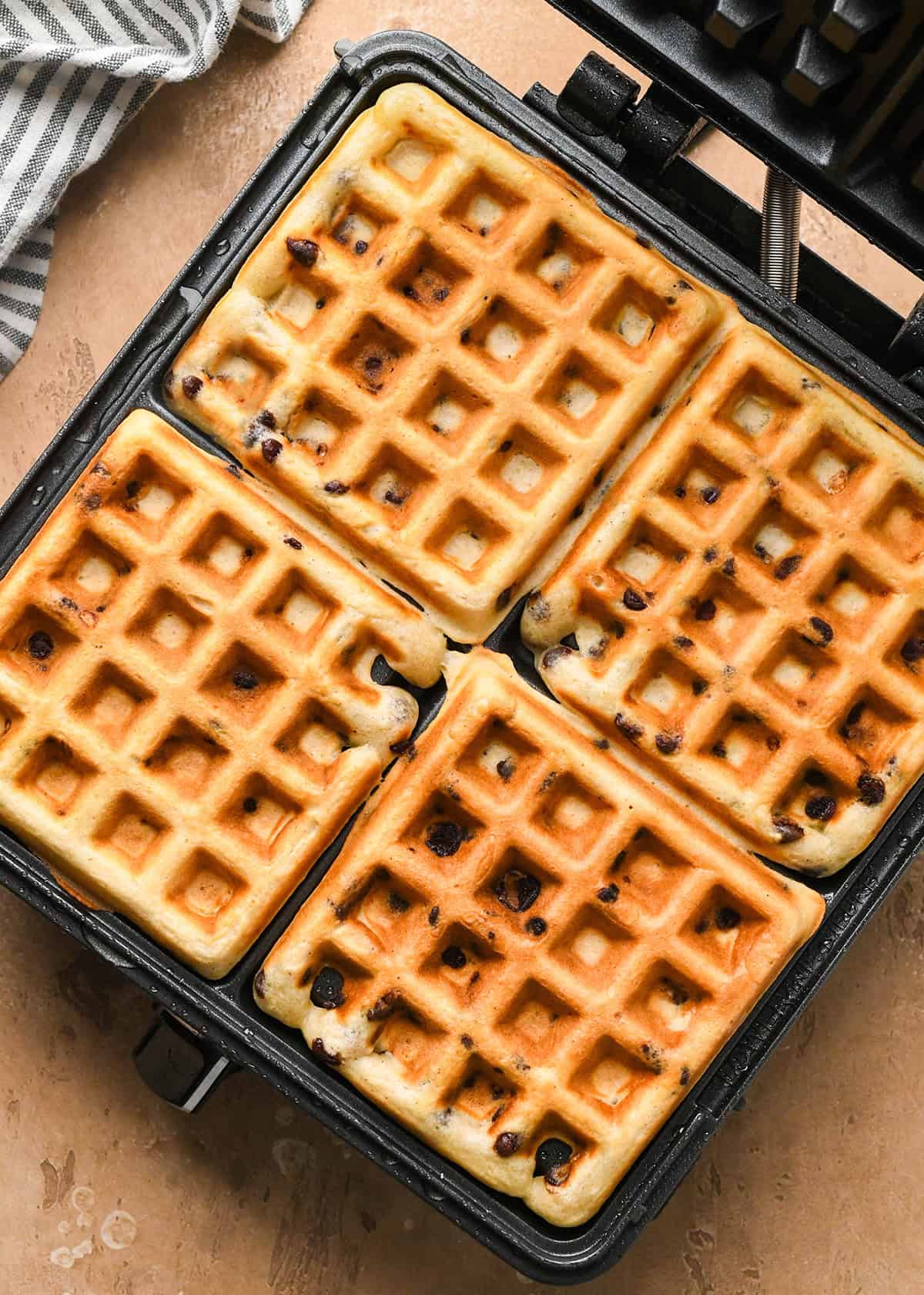 4 Chocolate Chip Waffles in a waffle maker