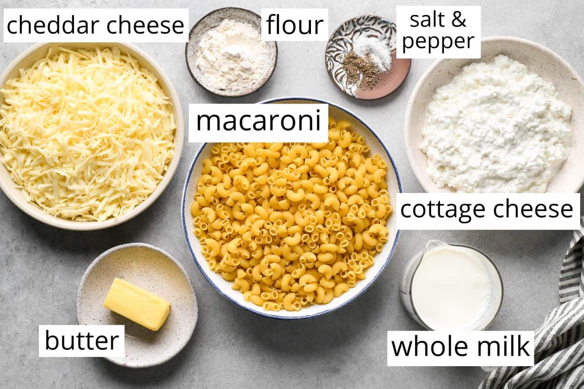 overhead photo of the ingredients in this cottage cheese macaroni and cheese recipe in bowls and labeled 