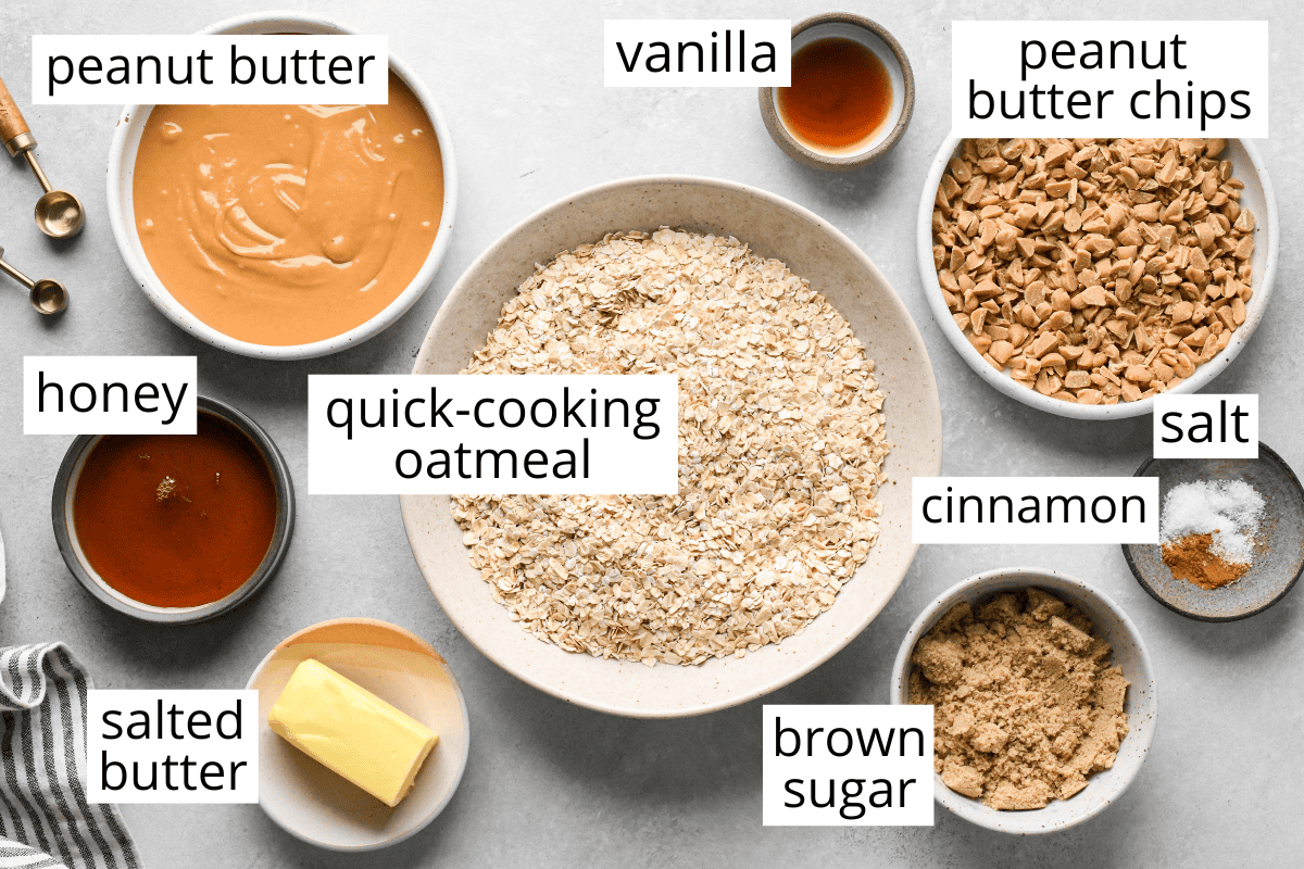 overhead photo of the labeled ingredients in this Peanut Butter Granola Bars recipe