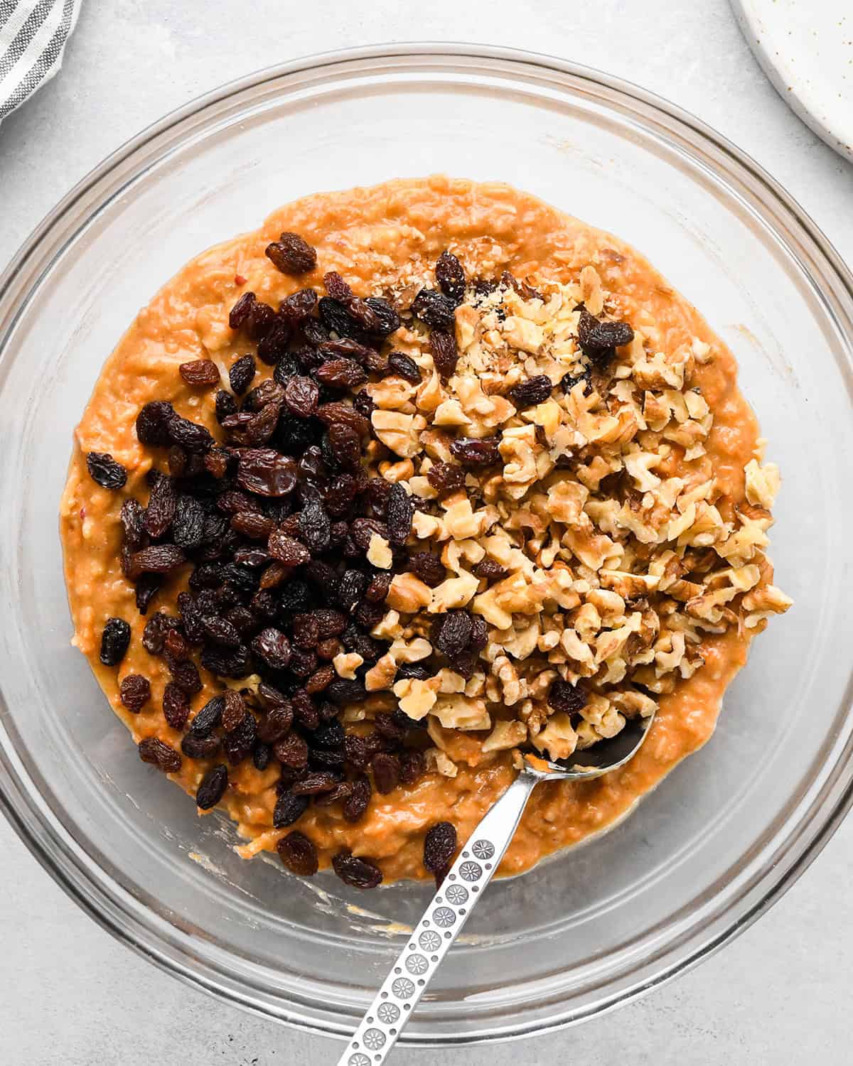 how to make Morning Glory Muffins - raisin and walnuts added before mixing