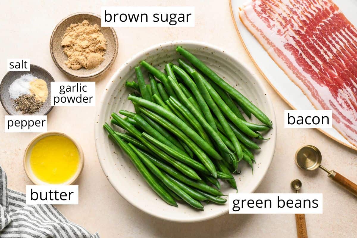 overhead photo of the labeled ingredients in this Bacon Wrapped Green Beans recipe