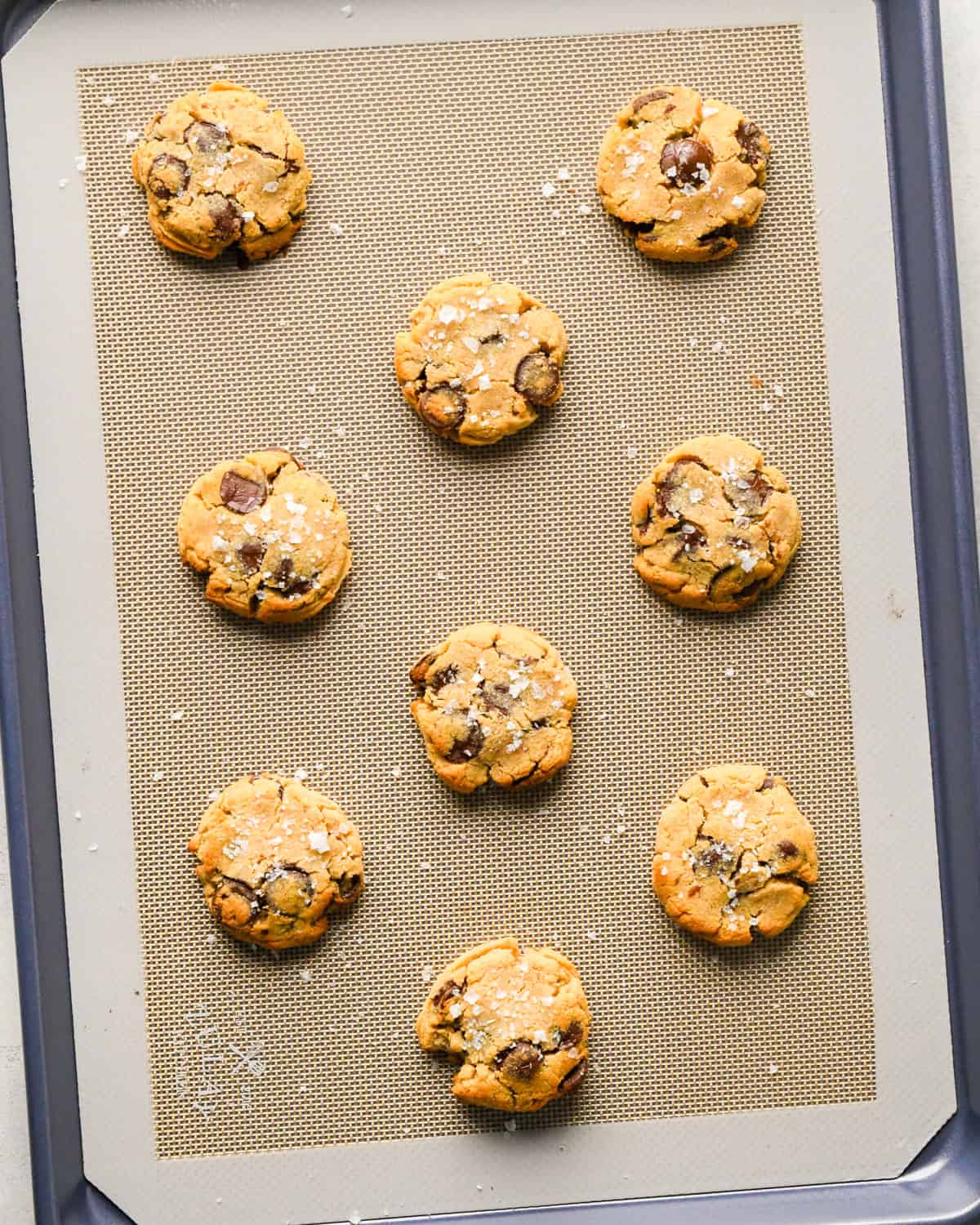 9 coconut flour chocolate chip cookies on a baking sheet topped with flaky sea salt